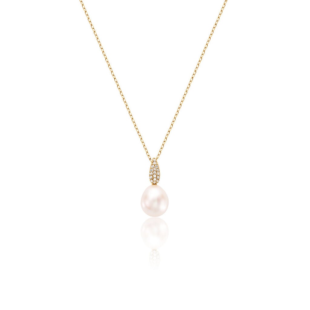 🦚 KALLI Damen Collier Gold 585 (14 Karat) Zuchtperle Weiß B 1 mm, Collier mit Stein