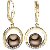 JOBO Perlenohrringe Ohrringe in Bicolor-Optik, 333 Gold synthetischen Perlen und Zirkonia gelb|goldfarben
