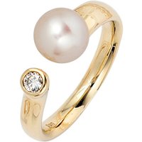 JOBO Perlenring, 585 Gold mit Süßwasser-Zuchtperle und Diamant gelb|goldfarben