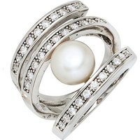 JOBO Perlenring, breit 925 Silber Süßwasser Perle und Zirkonia silberfarben