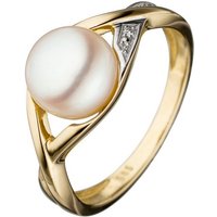 JOBO Perlenring, 585 Gold bicolor mit Süßwasser-Zuchtperle und Diamant gelb|goldfarben